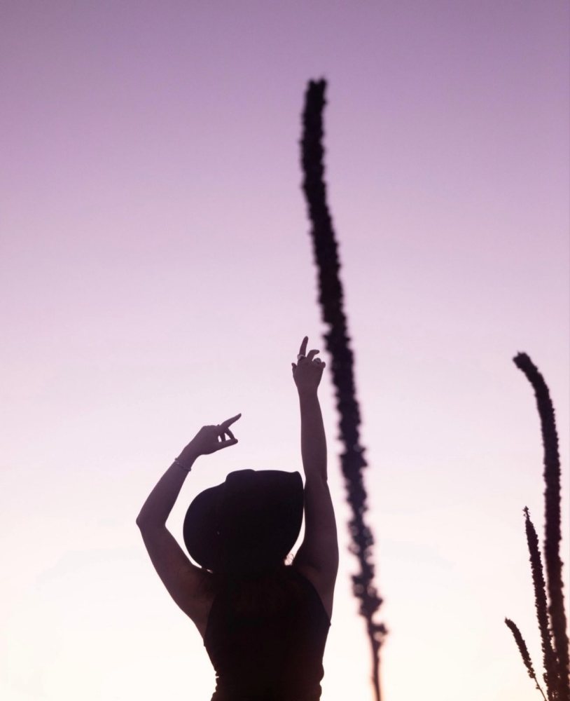 A silhouetted figure in a wide-brim hat raising both arms beside tall stalks against a lavender sky. Photograph by Hk.